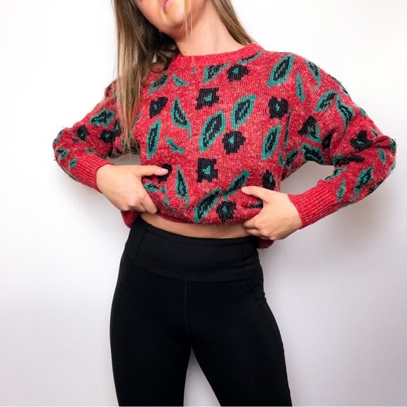 VINTAGE Red Green Leaf 90s Sweater - Picture 2 of 7